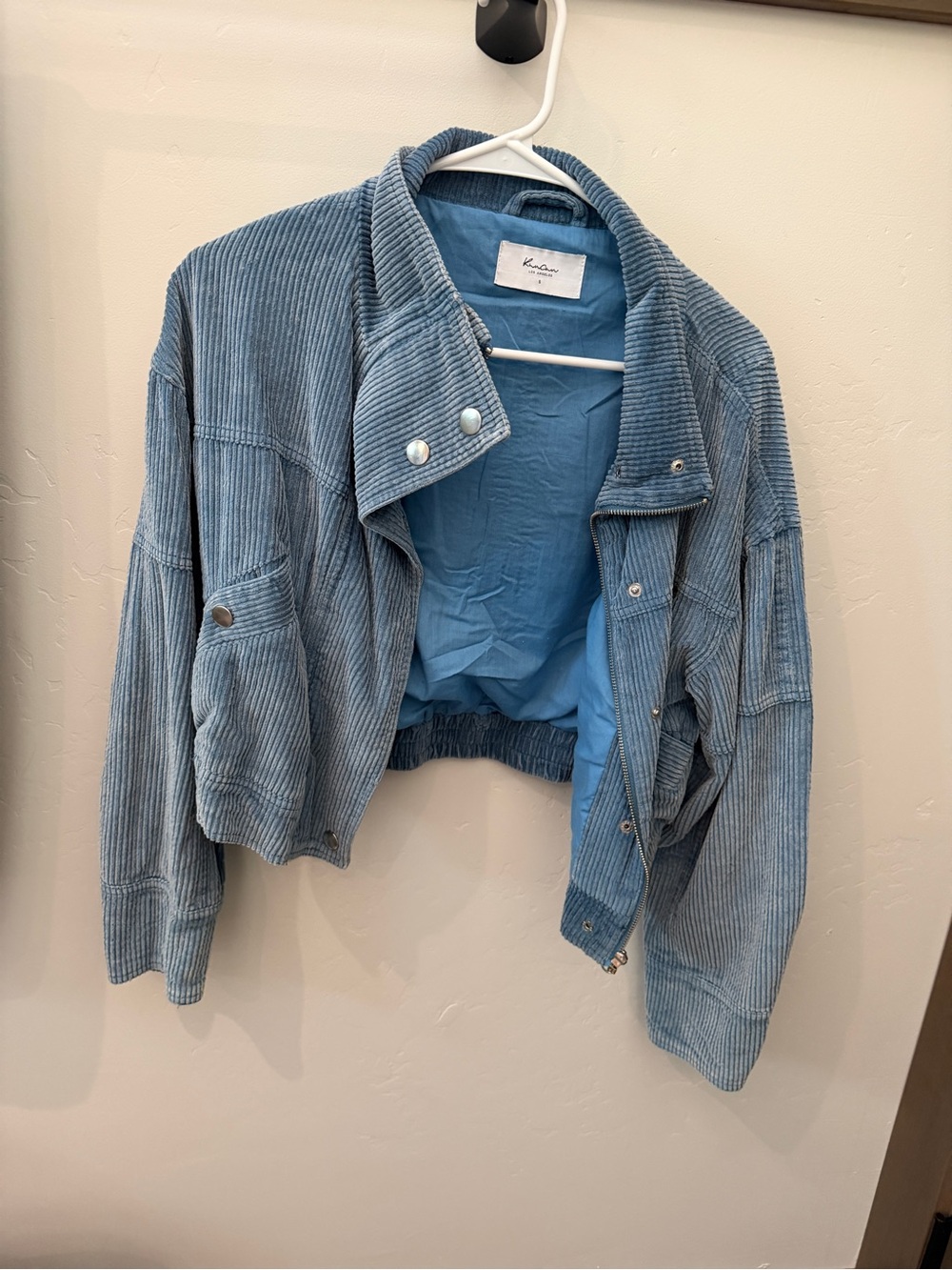 Corduroy Cropped Bomber Jacket in Light Blue - Kancan